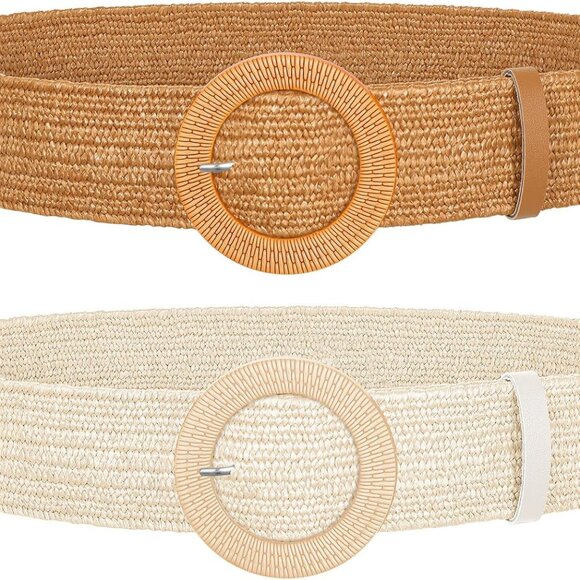 2 Pack Straw Woven Elastic Belt Braided Stretch Wide Boho Rattan Waist Belt for - Picture 1 of 6